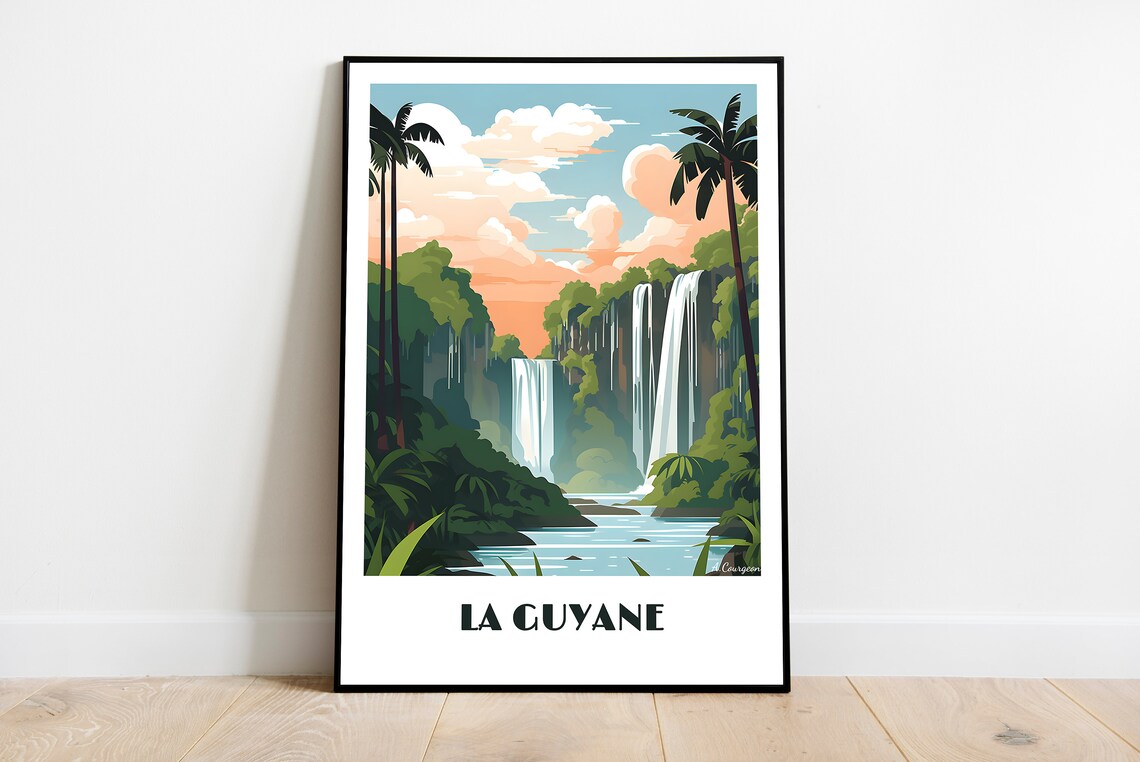 La Guyane French Guiana Jungle Waterfall Vintage Travel Art Poster