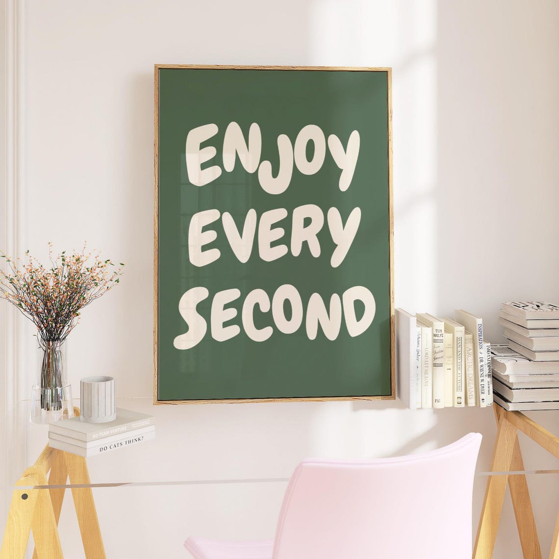 Enjoy Every Second Cream Bubble Letters Green Retro Quote Poster - Image 2