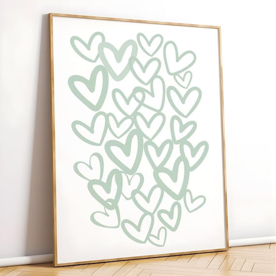 Sage Green Hearts Pattern Hand Drawn Doodle Art Style Poster