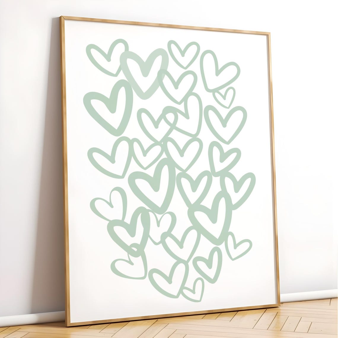 Sage Green Hearts Pattern Hand Drawn Doodle Art Style Poster