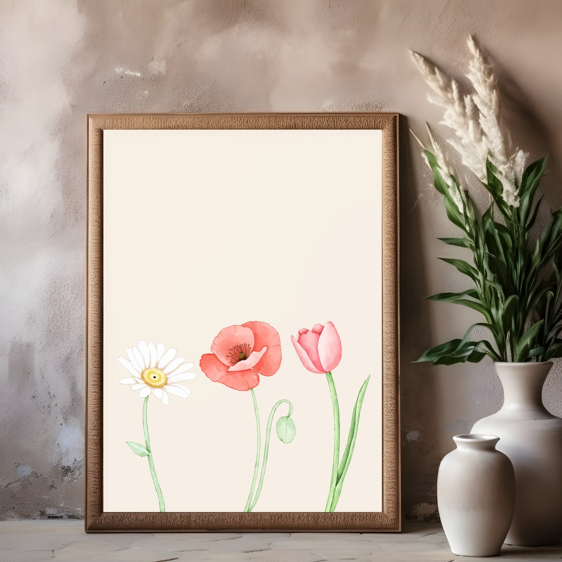 Daisy Poppy Tulip Watercolor Wildflower Trio Botanical Art Poster
