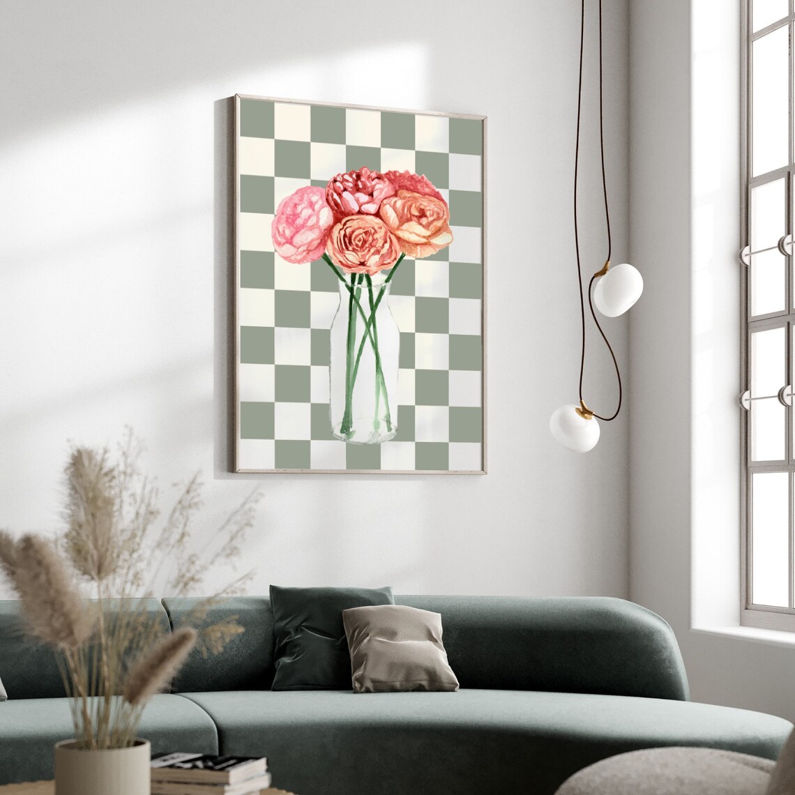 Bouquet Of Flowers Art Print, Checkered Floral Decor - Image 3