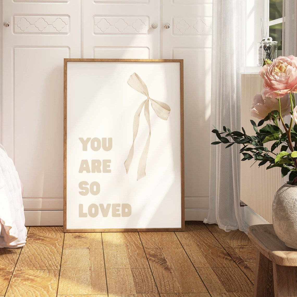 You Are So Loved Beige Bow Neutral Nursery Affirmation Poster - Image 4