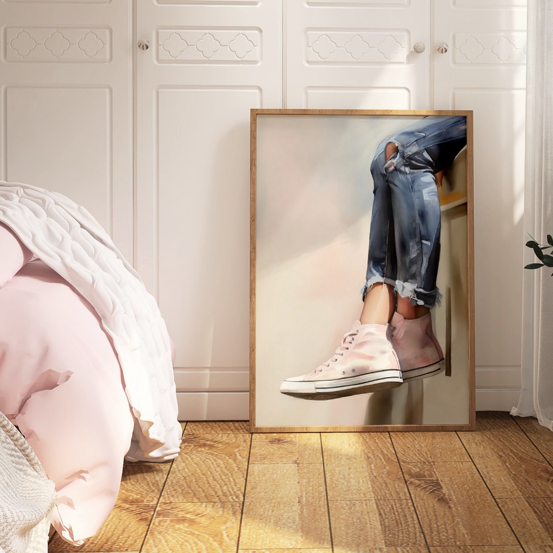 Ripped Jeans Pink High Top Sneakers Legs Oil Painting Style Poster - Image 2