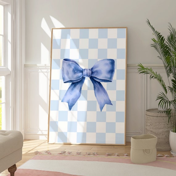 Blue Bow Print Checkered Art Western Cowgirl Print Retro Cowgirl Art Checkered Wall Art Gift For Teen Girl