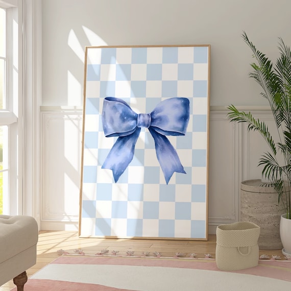 Blue Watercolor Bow Checkered Background Preppy Retro Teen Poster