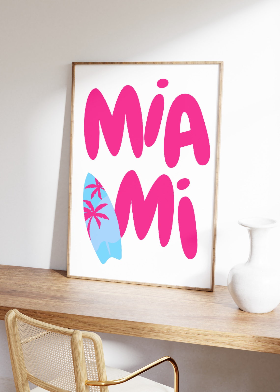 Miami Pink Bubble Letter Surfboard Palm Retro Travel Gift Poster - Image 3