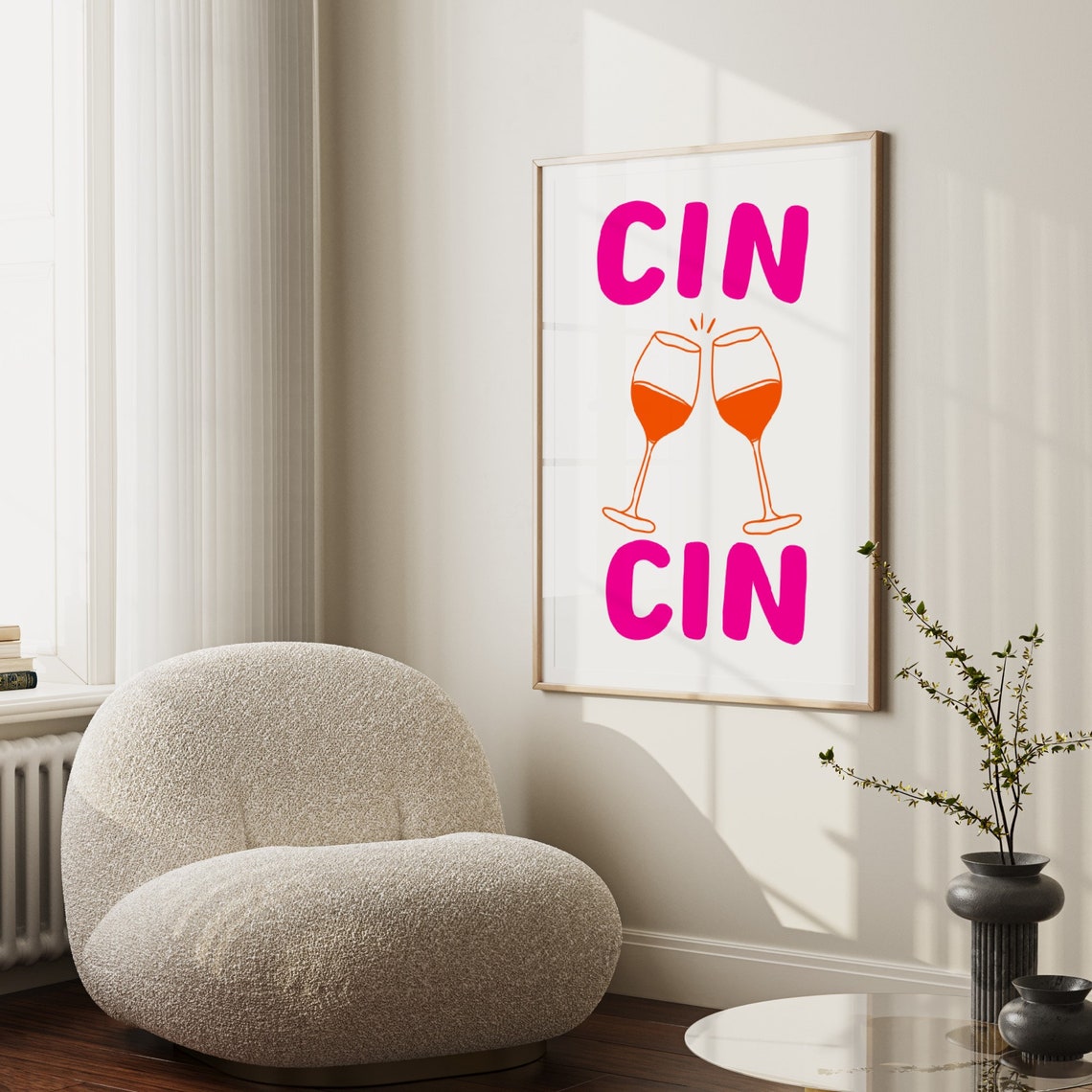 Cin Cin Wine Glasses Cheers Hot Pink Kitchen Poster Art Fun Decor - Image 3