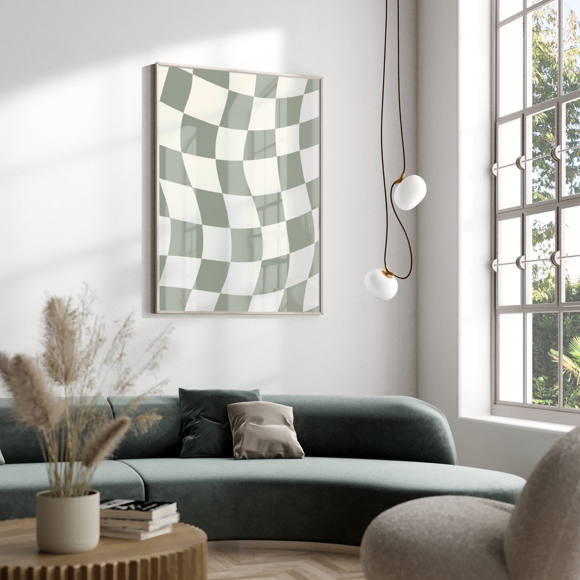 Sage Green Wavy Checkerboard Poster Groovy Retro Check Wall Decor Art - Image 2