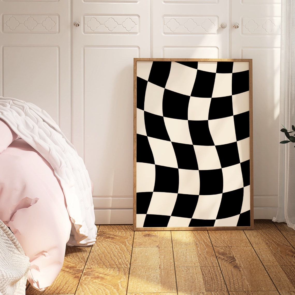 Black White Checkerboard Wavy Check Retro Funky Modern Poster - Image 3