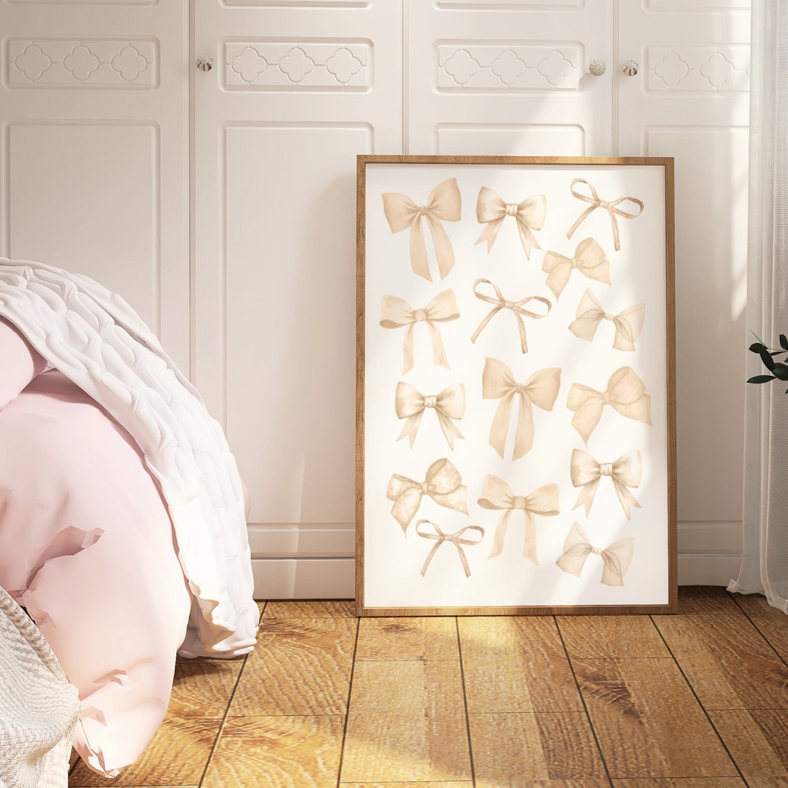 Beige Satin Ribbon Bow Pattern Preppy Nursery Style Decor Poster - Image 2