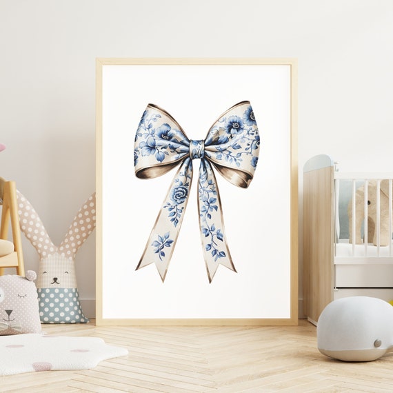 Beige Bow Print Blue Chinoiserie Nursery Print Coquette Room Decor Grandmillenial Wall Art Coastal Grandma Painting Preppy Girly Poster
