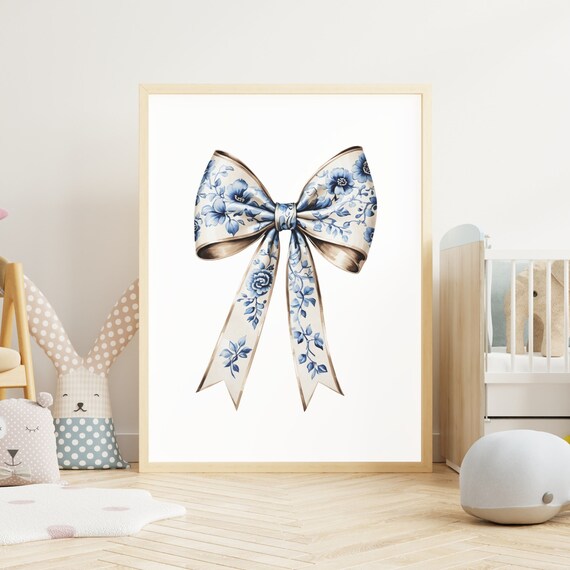 Blue Floral Bow Watercolor Poster Chinoiserie Ribbon Nursery Decor