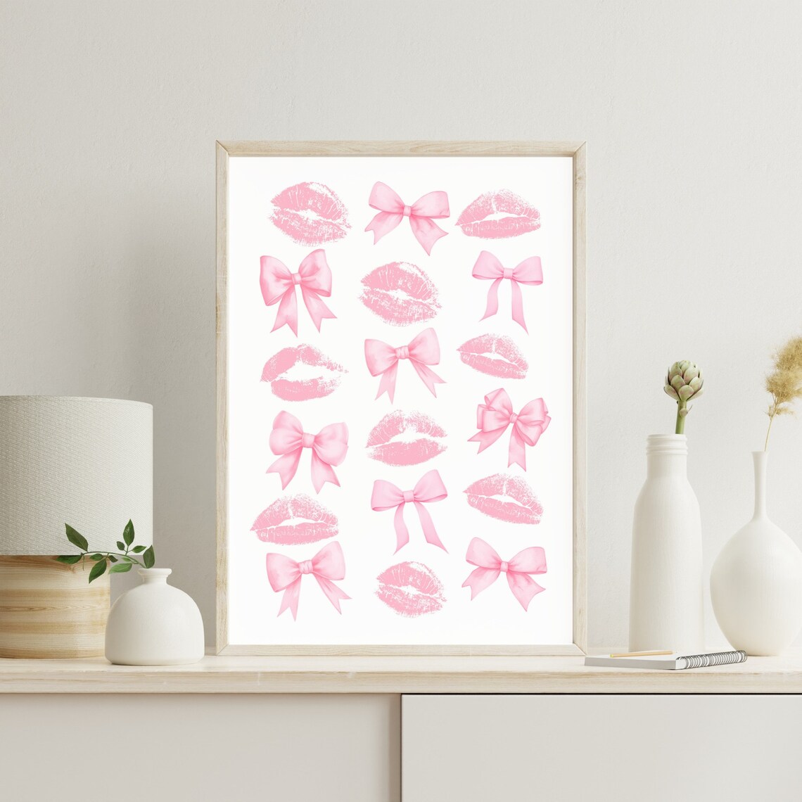 Pink Bow And Lipstick Kiss Poster Preppy Coquette Aesthetic Pattern