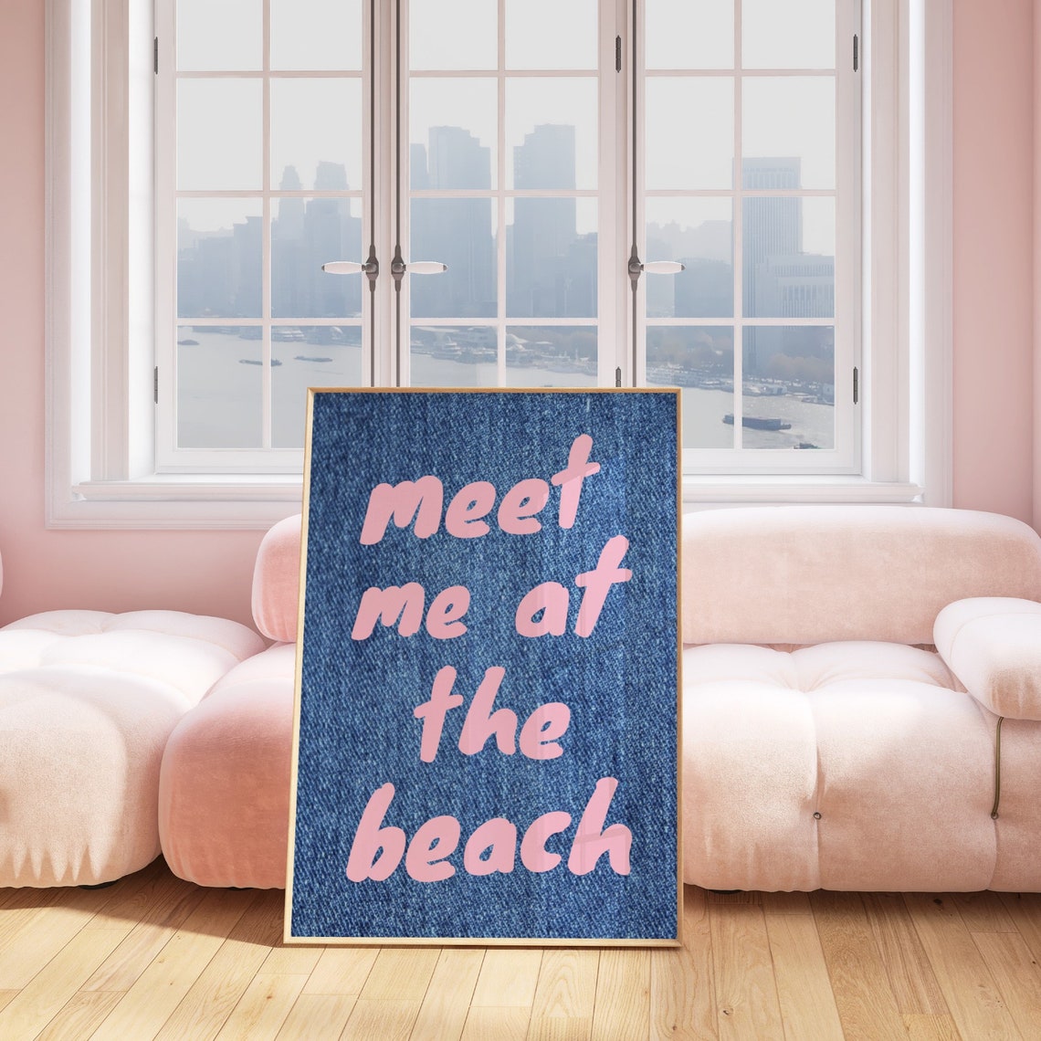 Meet Me at the Beach Pink Text Blue Denim Coastal Style Poster - Image 2