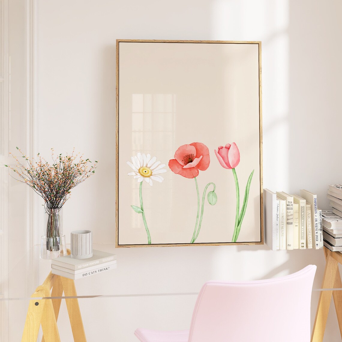 Daisy Poppy Tulip Watercolor Wildflower Trio Botanical Art Poster - Image 2