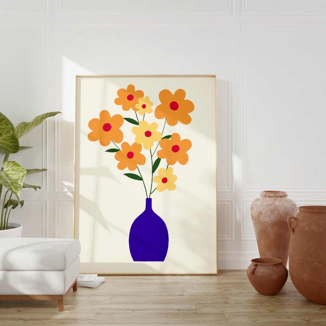 Orange Daisy Bouquet Minimalist Poster Blue Vase Retro Floral Art - Image 2