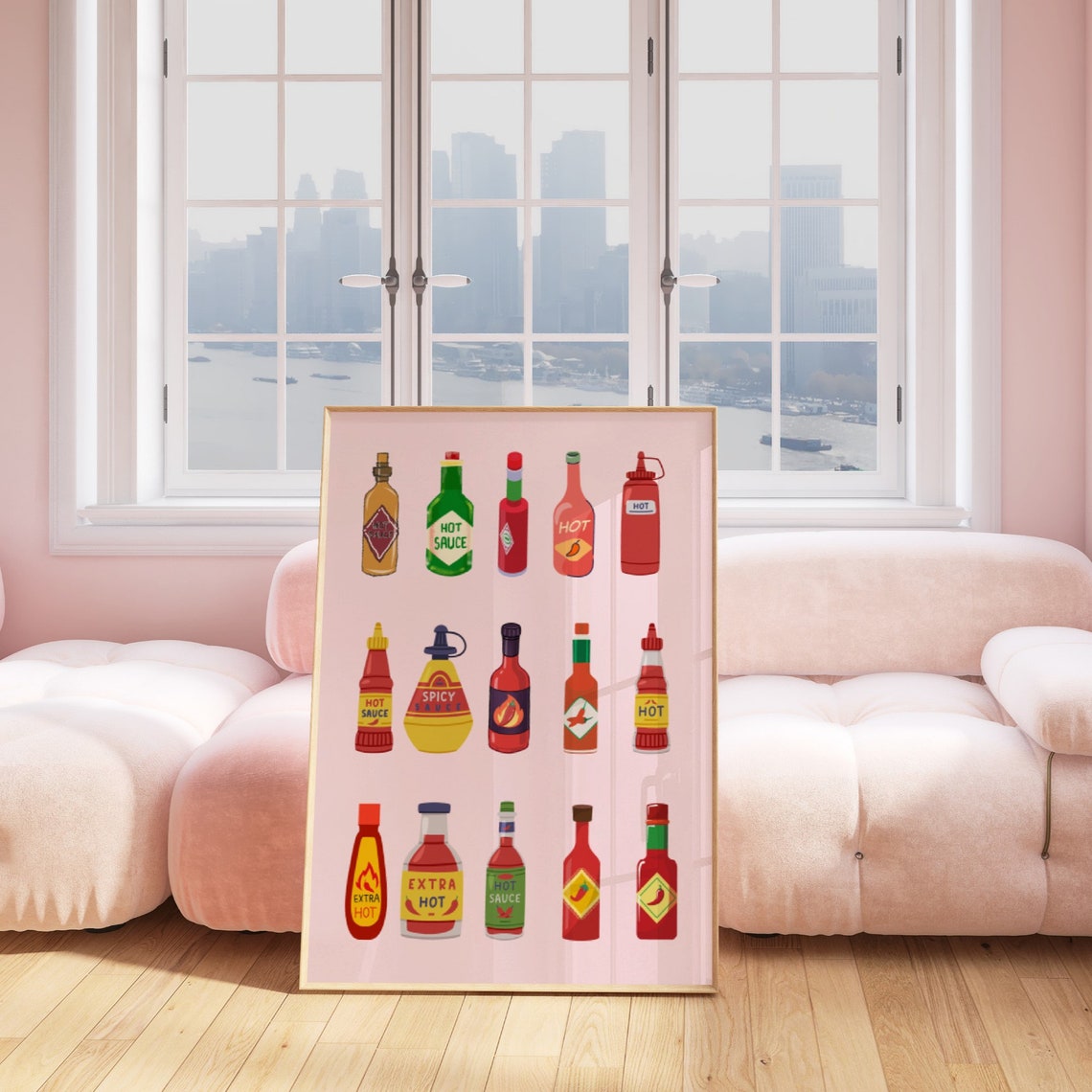 Hot Sauce Bottle Collection Poster Retro Kitchen Pink Spicy Food Art