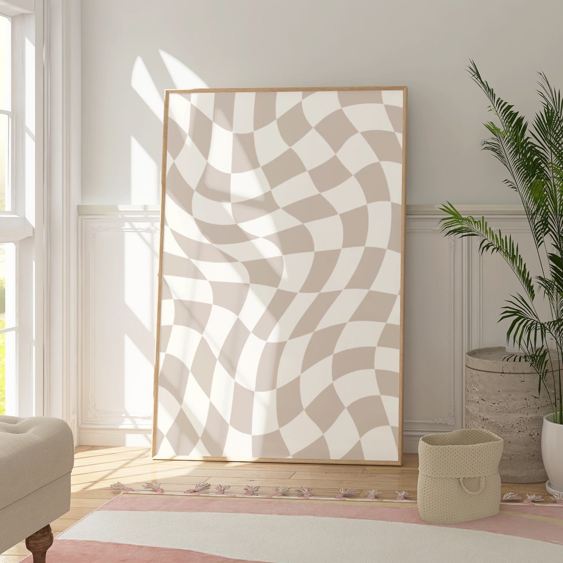 Beige Checkerboard Wavy Check Retro Funky Neutral Wall Poster - Image 3