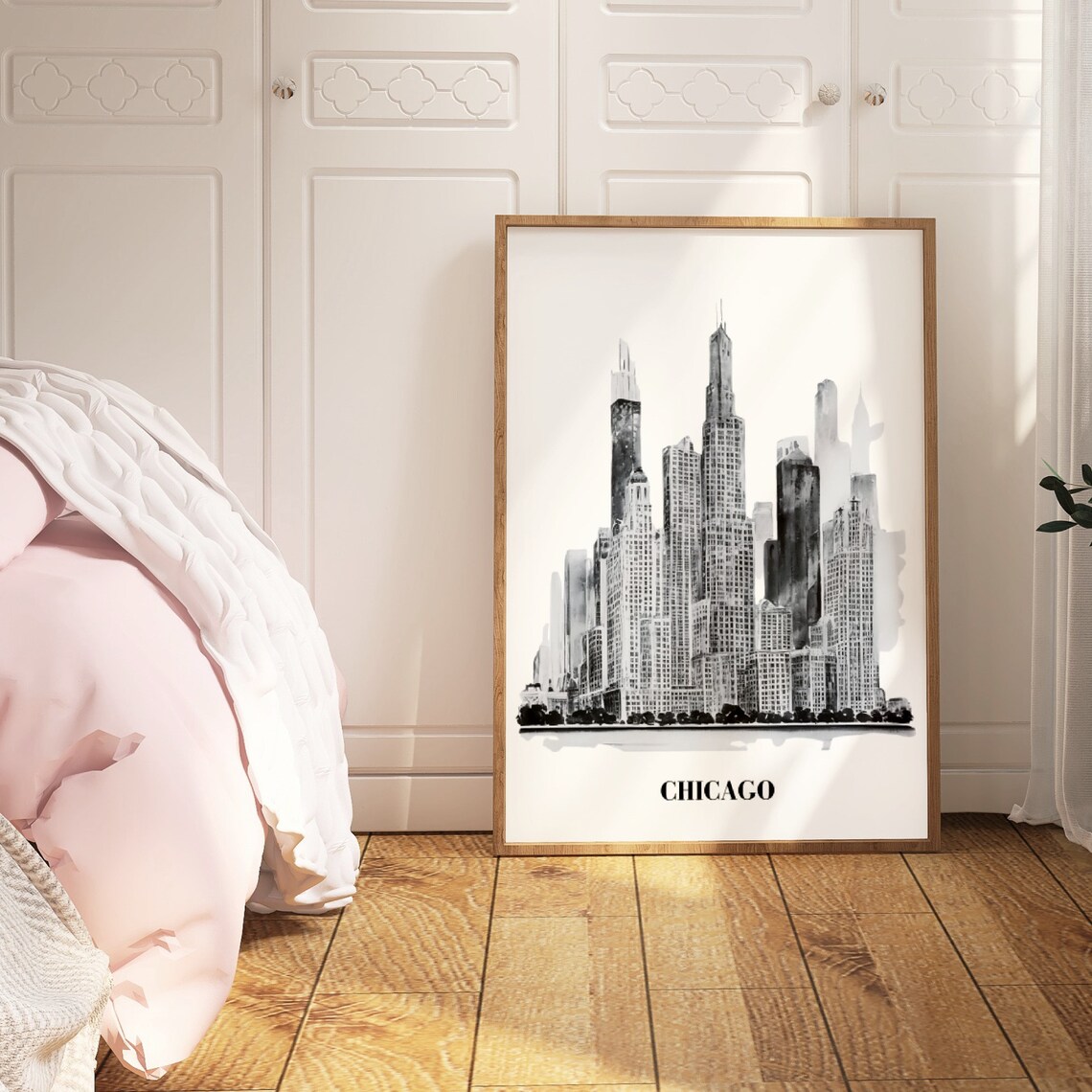 Chicago Skyline Black White Watercolor City Travel Decor Poster - Image 2