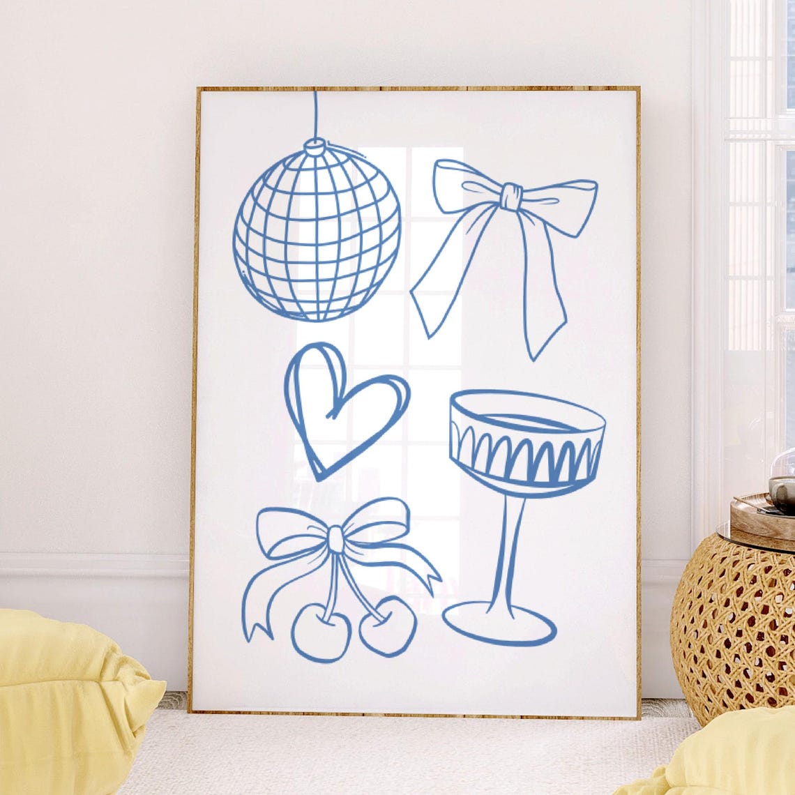 Blue Line Art Disco Ball Bow Cherries Trendy Preppy Icon Poster - Image 3