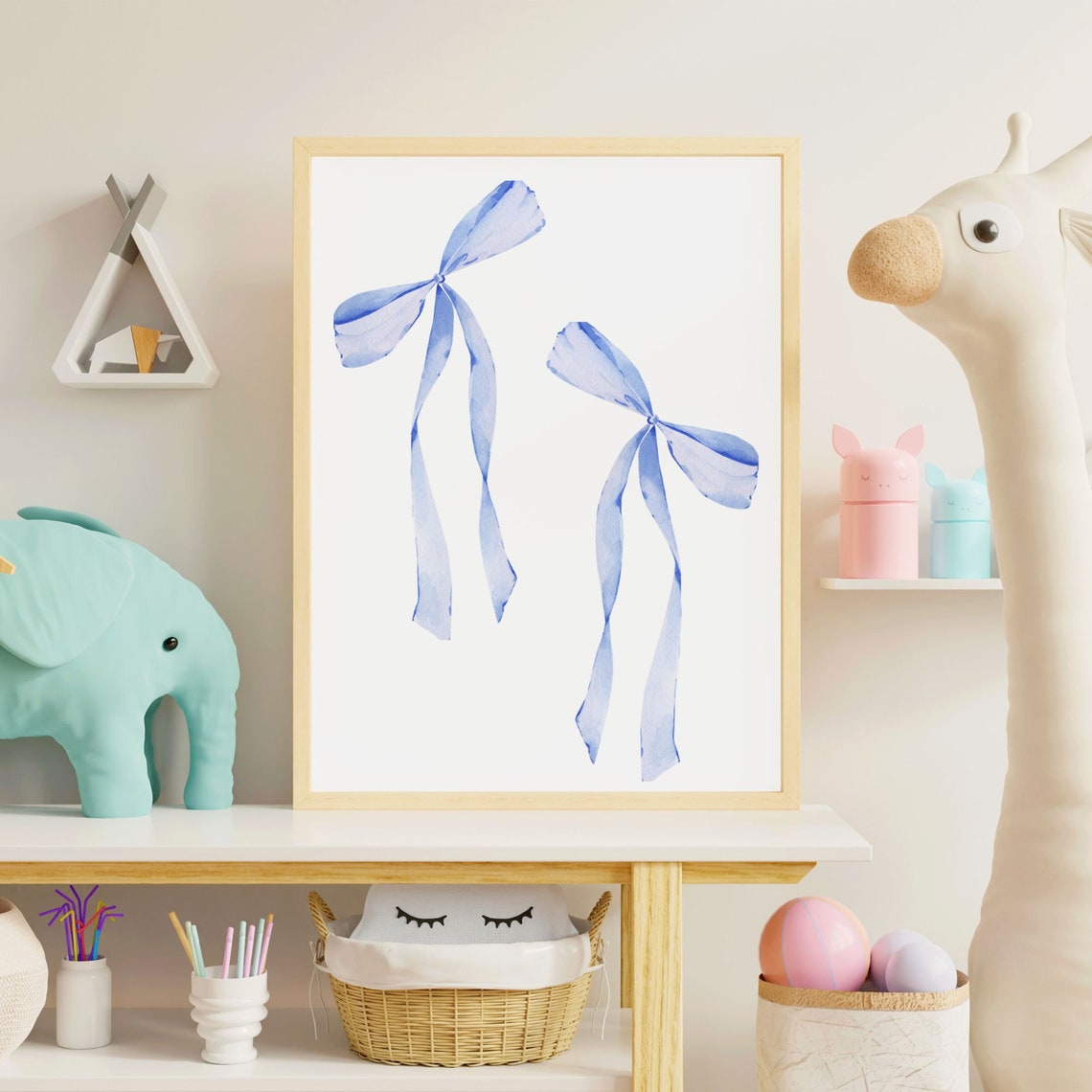 Blue Watercolor Ribbon Bow Pair Preppy Coquette Elegant Nursery Print - Image 2