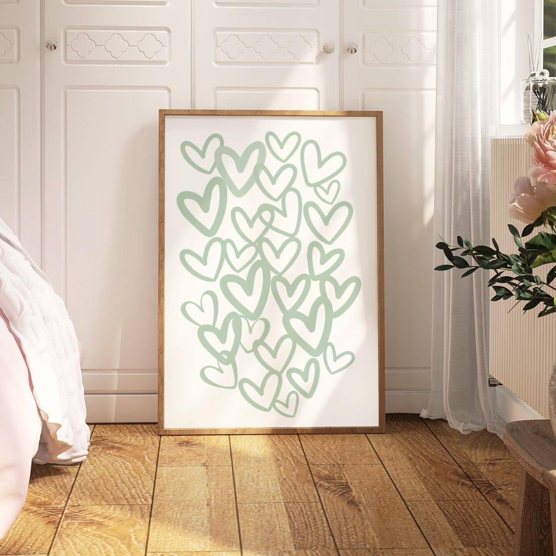 Sage Green Hearts Pattern Hand Drawn Doodle Art Style Poster - Image 2