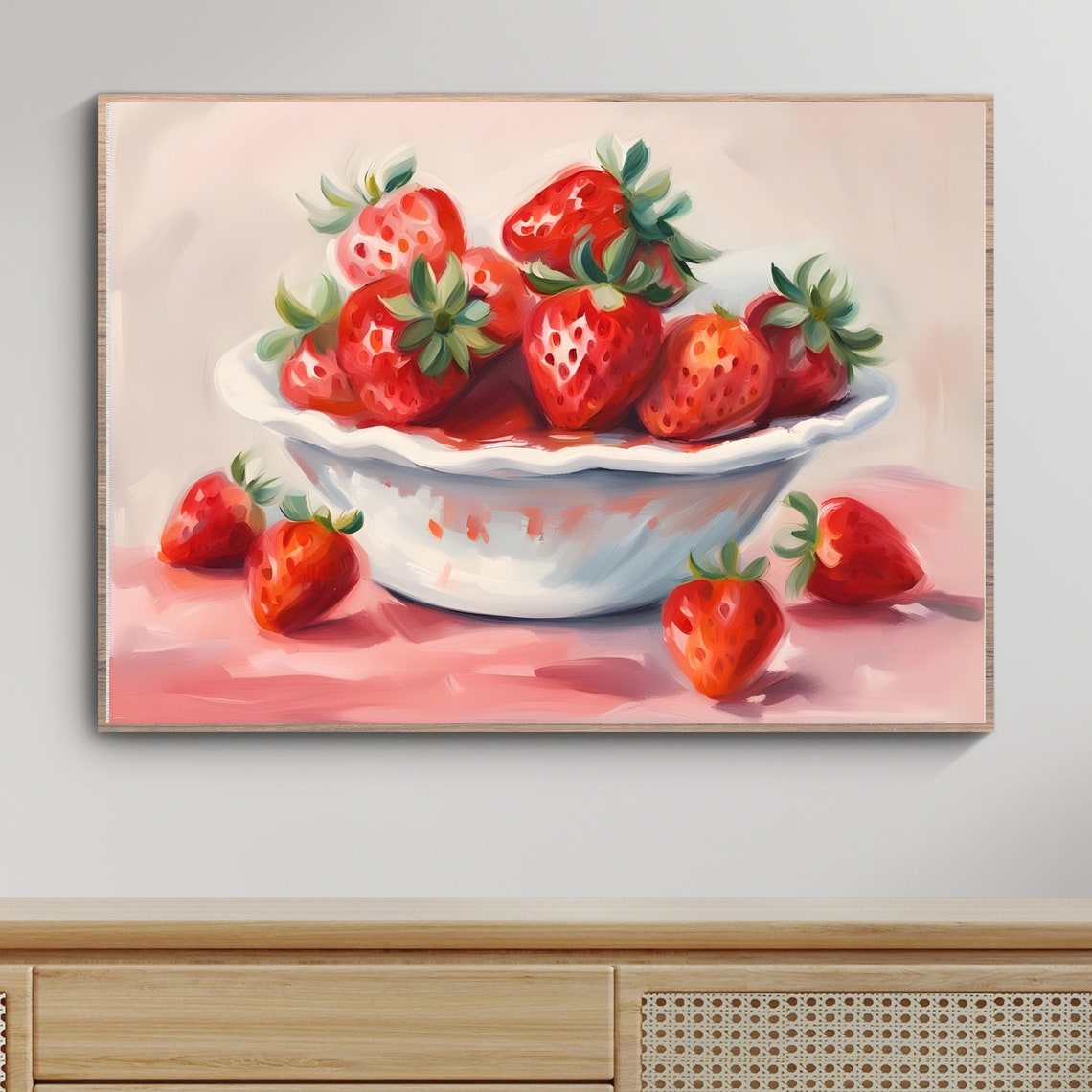 Juicy Strawberry Bowl Watercolor Pink Kitchen Fruit Art Poster - Image 4