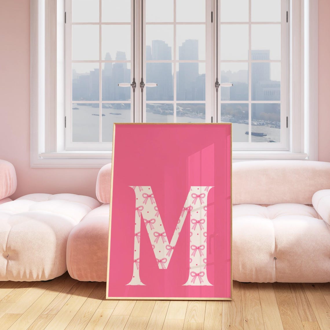 Letter M Initial White Pink Bow Pattern Sweet Monogram Poster - Image 3