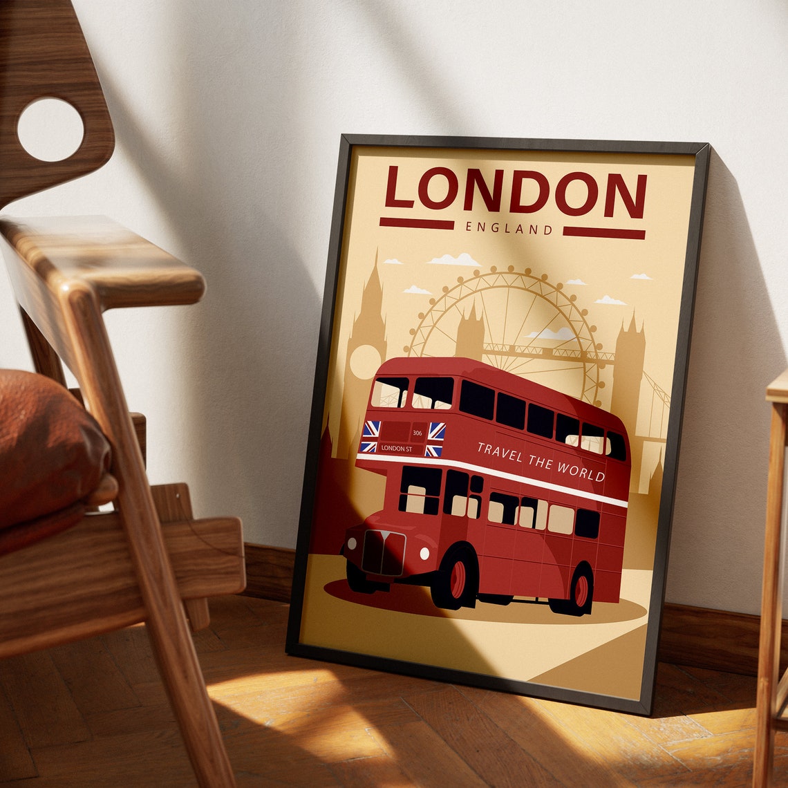 London Red Double Decker Bus England Vintage Retro Travel Poster