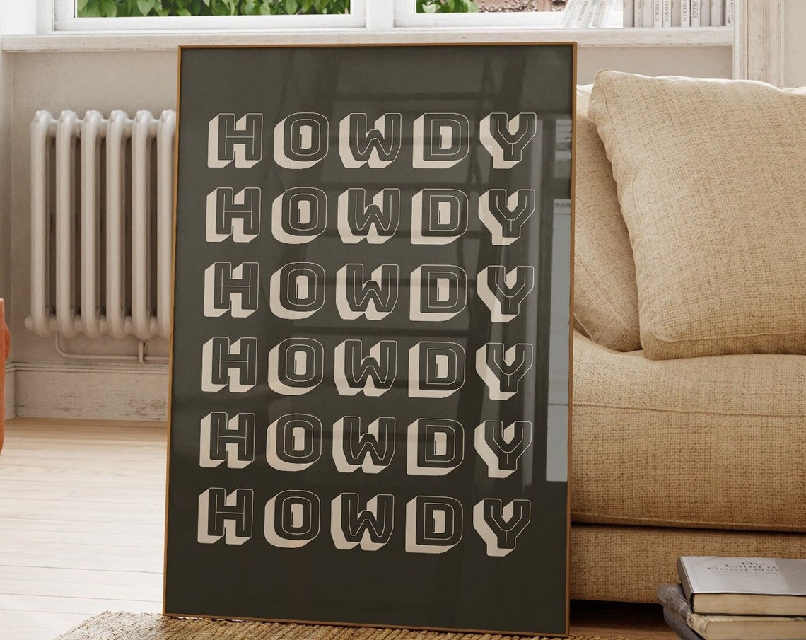 Howdy Repeated Cream On Black Western Typography Bold Wall Art