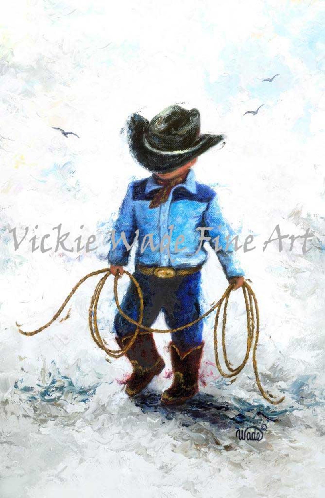 Little Cowboy With Lasso Walking in Oversized Black Hat Poster