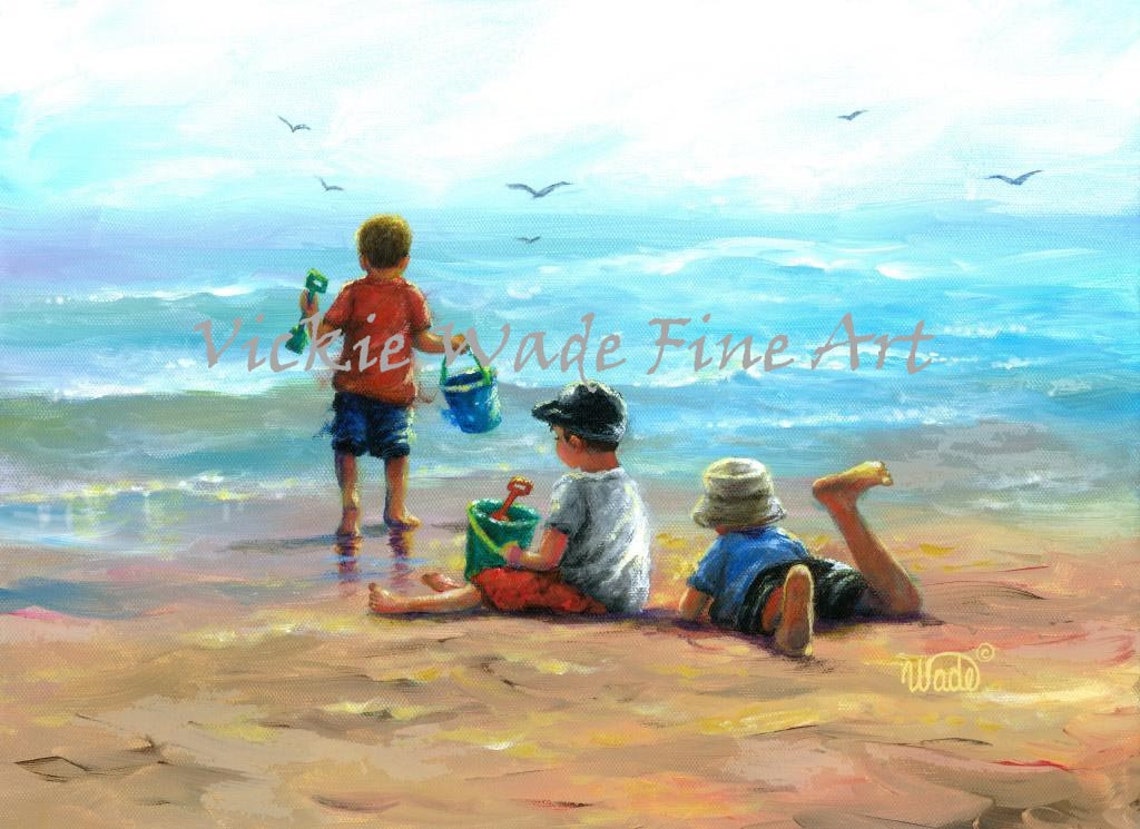 Three Little Boys Playing With Sand Buckets On The Beach Poster