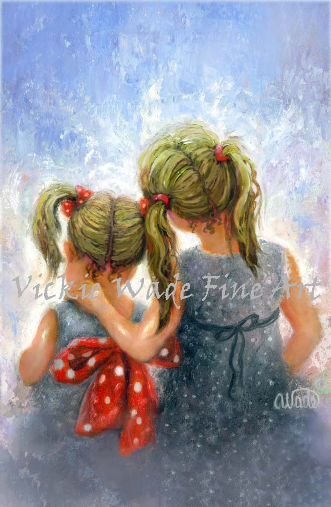Two Sisters with Blonde Pigtails and Red Bows Holding Hands Poster