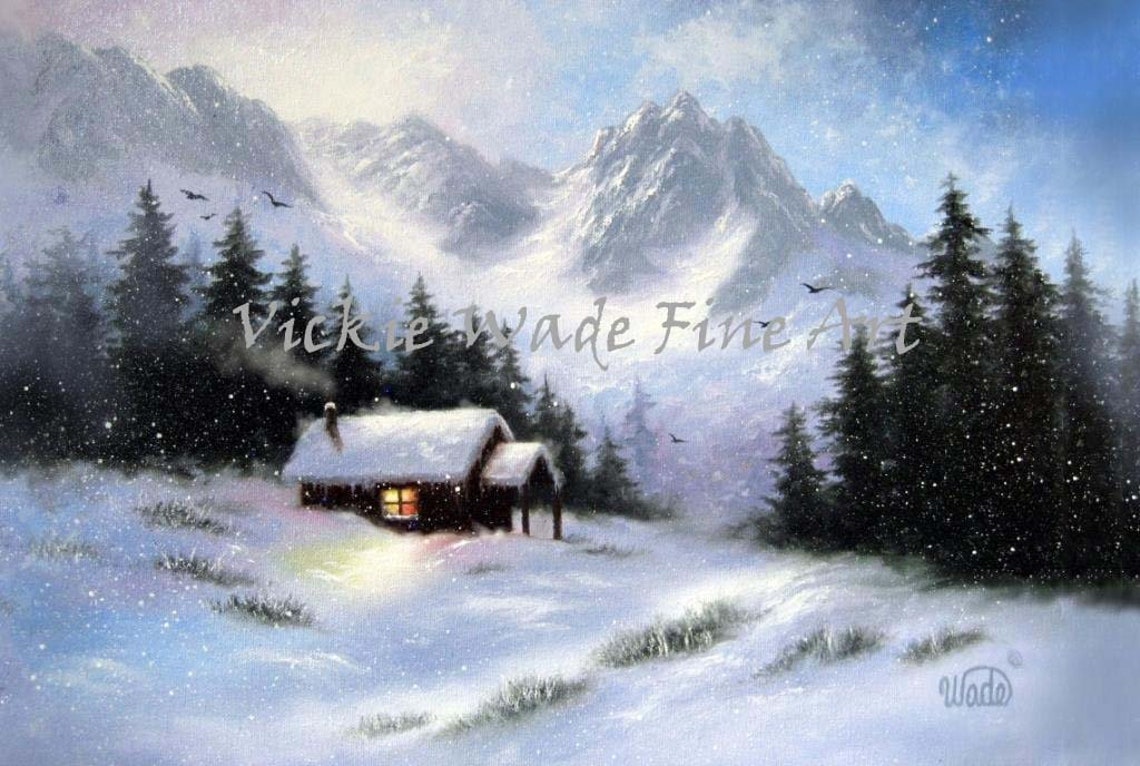 Snowy Mountain Cabin with a Lit Window on a Winter Night Poster