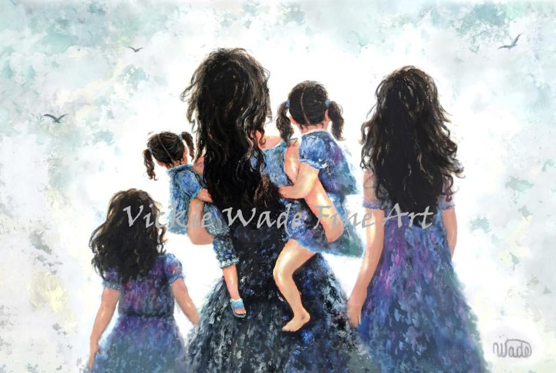 Mother with Four Daughters in Flowing Blue Dresses Meadow Poster