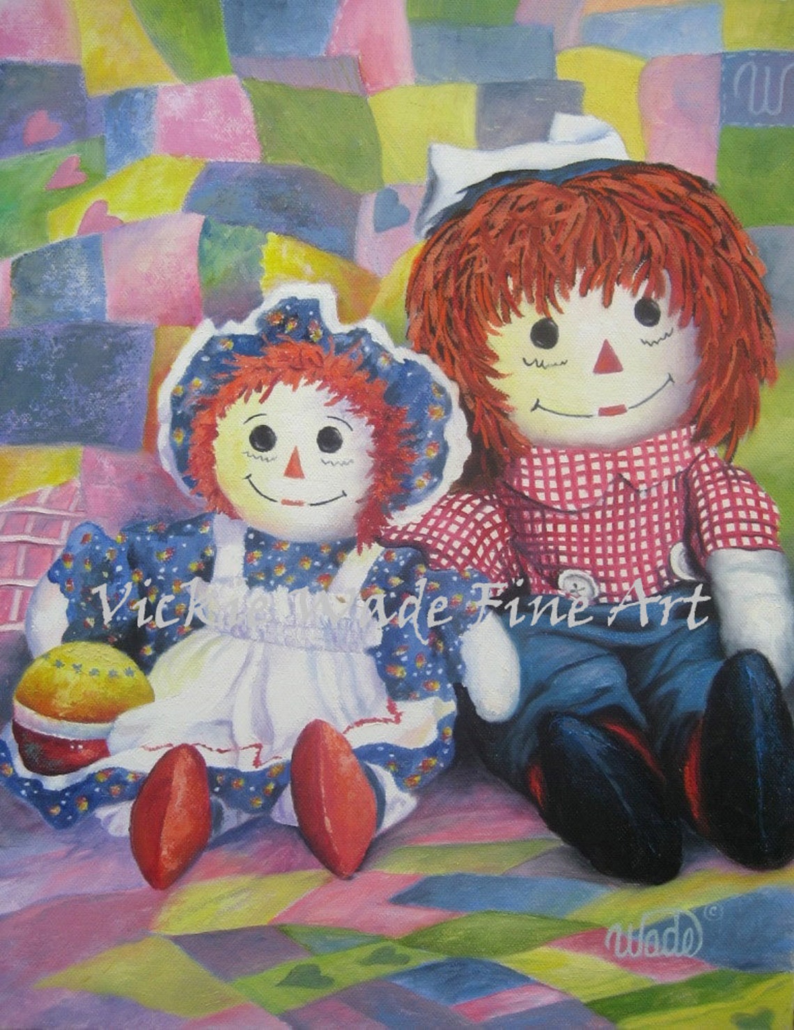 Classic Raggedy Ann and Andy Dolls on a Patchwork Quilt Poster