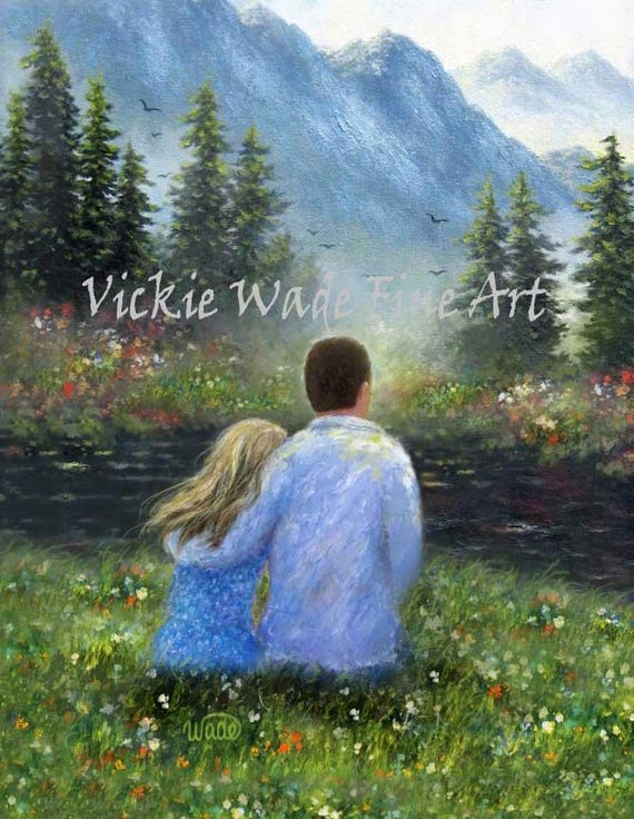 Father And Daughter Mountain Art Print Dad And Daughter Sitting In Meadow By Mountain Lake Dad Hugging Blonde Daughter Vickie Wade Art