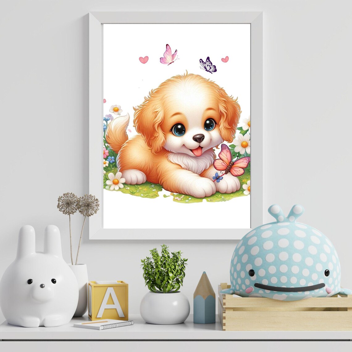 Golden Puppy Among Daisies and Butterflies in a Meadow Poster - Image 4