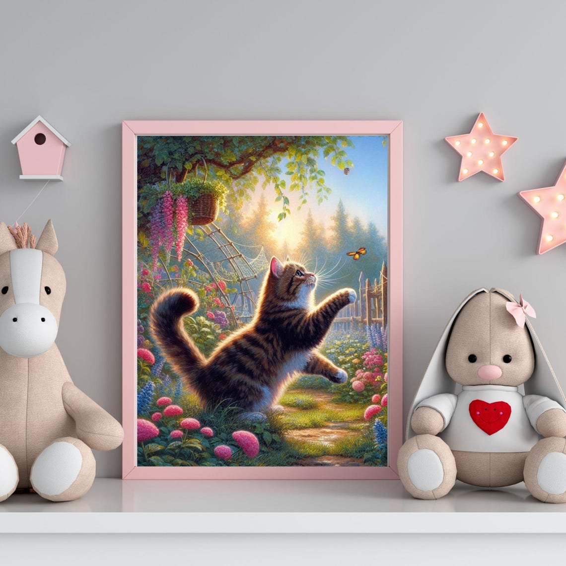 Playful Tabby Cat Chasing A Butterfly In A Blooming Garden Poster