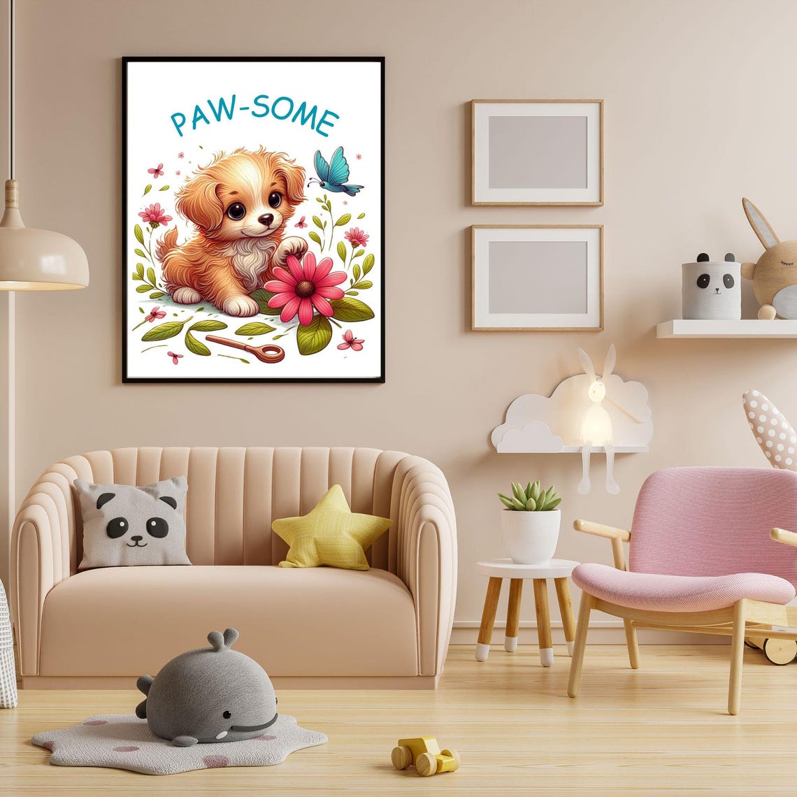 Paw-some Puppy With Flowers and Butterfly in Kids Room Poster