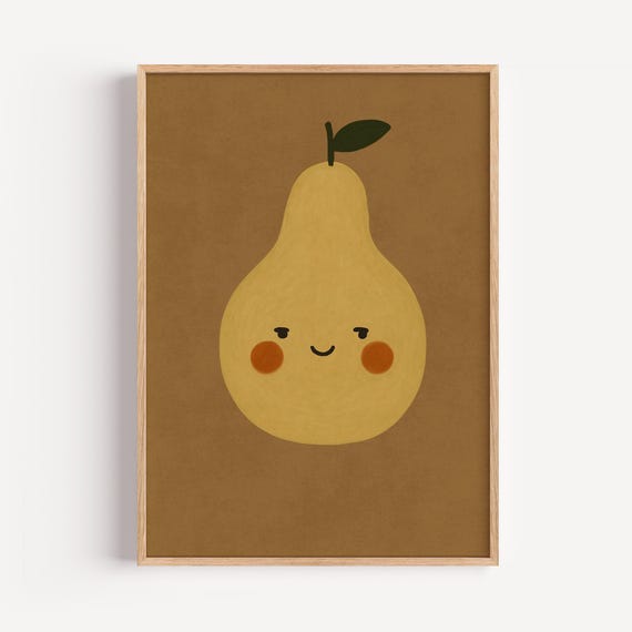 Smiling Pear Print Vintage Fruit Face For Nursery Kitchen Unframed