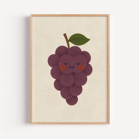 Smiling Grape Cluster Print Cute Purple Fruit Nursery Kitchen Decor