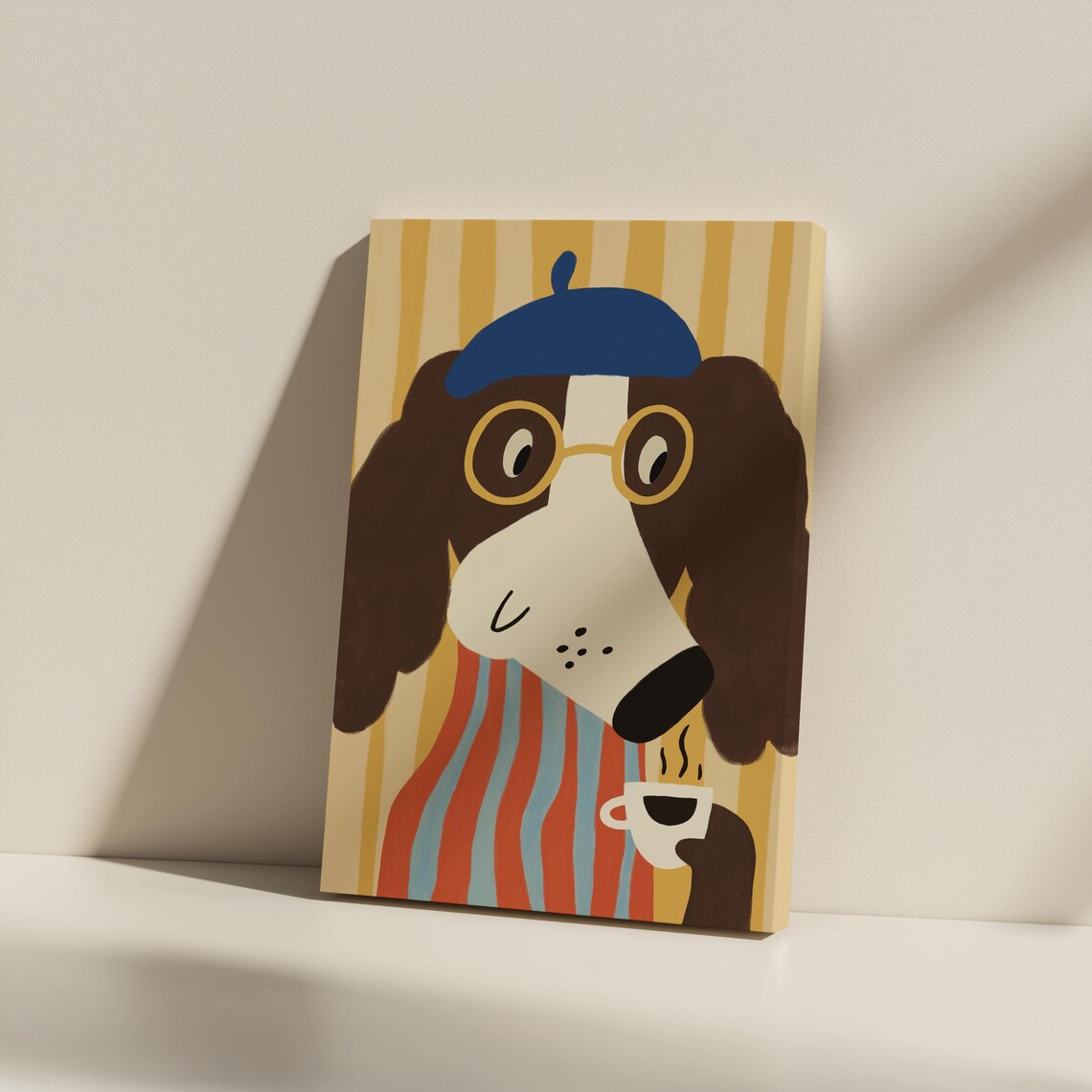 Dog in Blue Beret and Round Glasses Holding Coffee Cup Art Poster