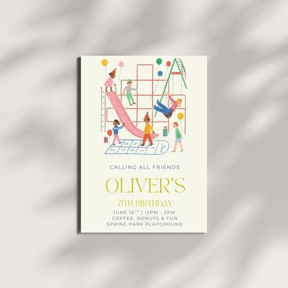 Oliver's Playground 5th Birthday Party Invitation Card Kids Invite Print