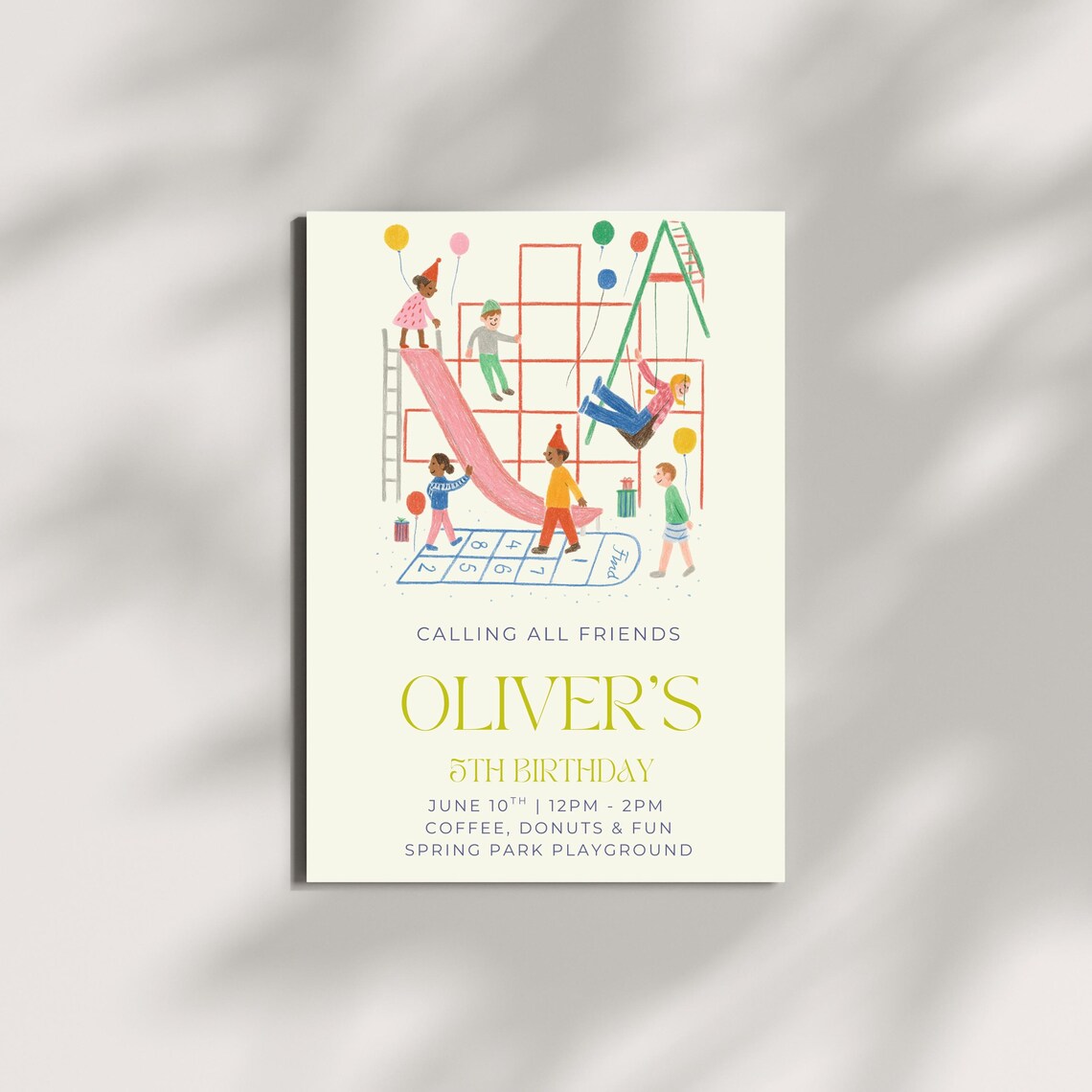 Oliver's Playground 5th Birthday Party Invitation Card Kids Invite Print
