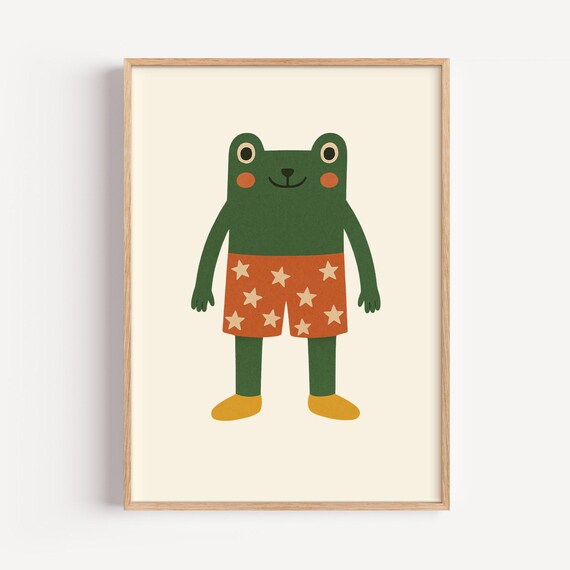 Cute Frog Poster Whimsical Animal Wall Art With Star Shorts For Nursery And Kids Room