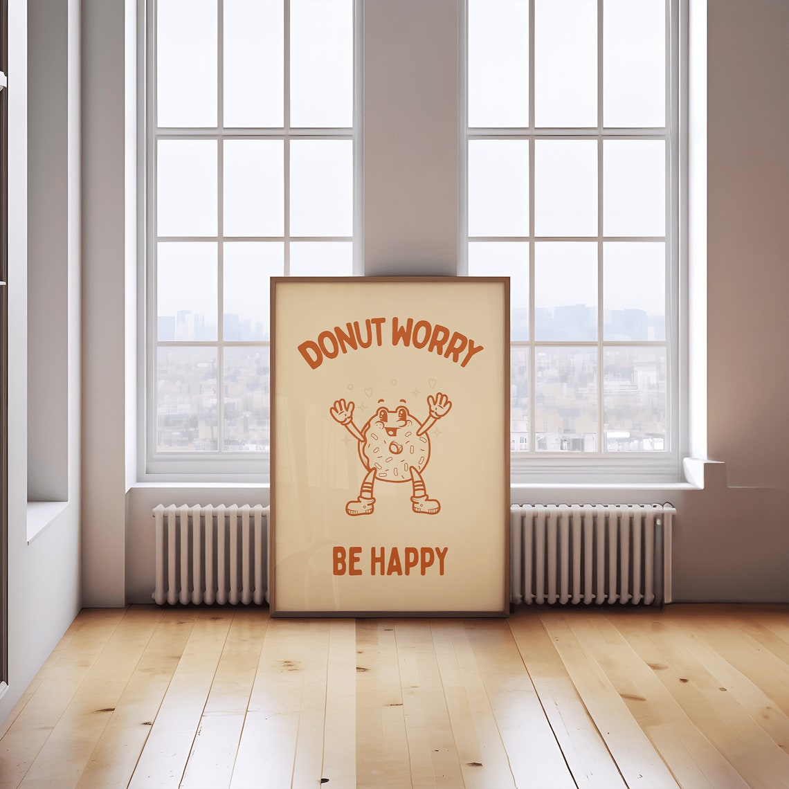 Donut Worry Be Happy Retro Donut Mascot Kitchen Typography Print - Image 3