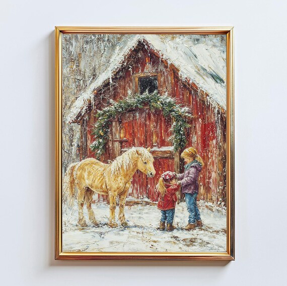 Golden Horse Children Red Barn Christmas Snow Oil Painting Poster