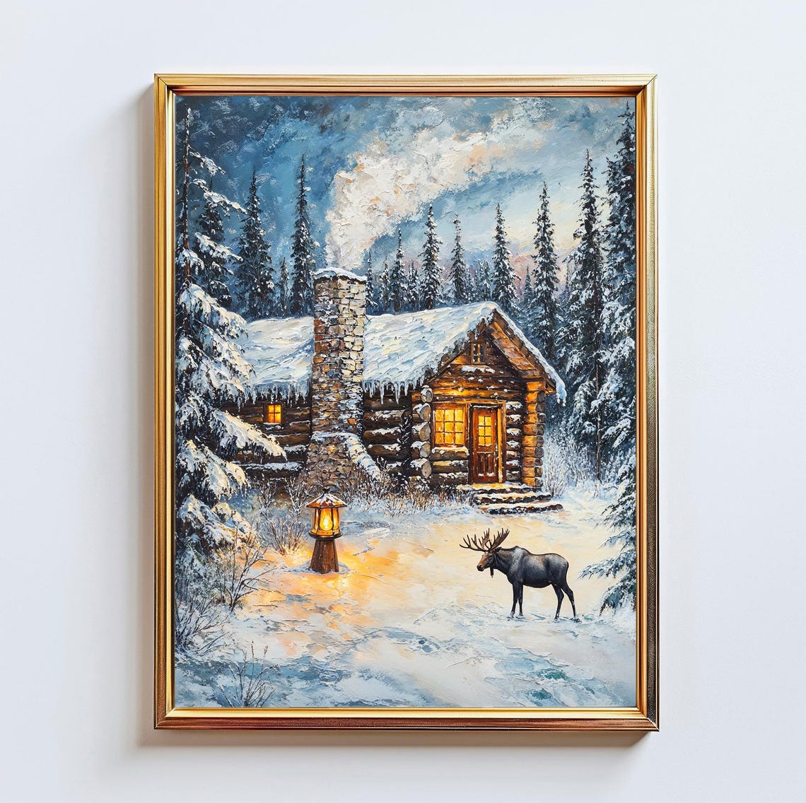 Snowy Forest Cabin at Dusk With Moose Winter Wonderland Art Poster
